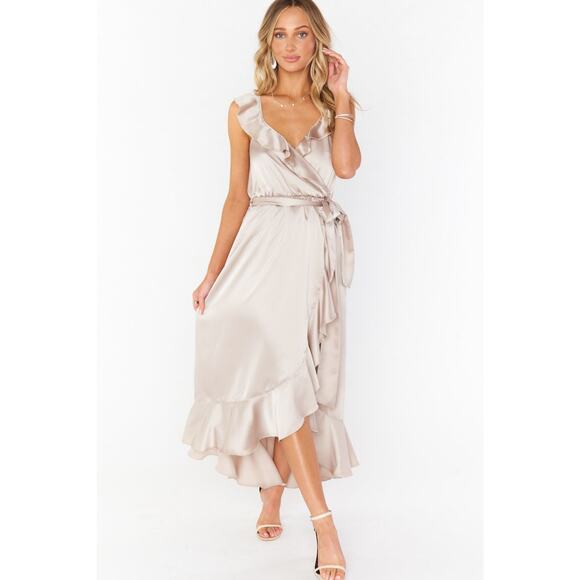 Show Me Your Mumu Samantha Ruffle Wrap Dress Show Me The Ring Luxe Satin M NWT - Picture 4 of 10